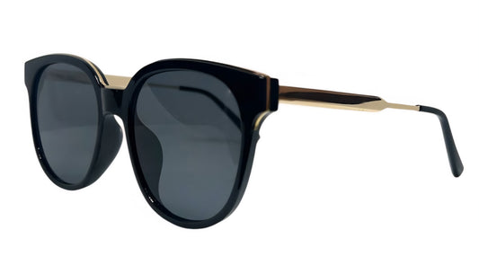 EK-9048 – Lentes de Sol Redondos de Policarbonato Negro con Patas Metálicas Doradas y Mica Oscura