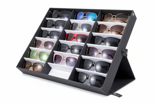 EK-001EX Exhibidor portátil tipo caja para lentes – 18 piezas