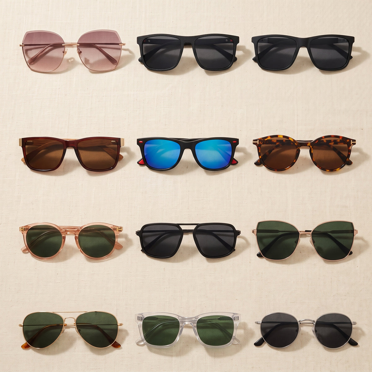 12 lentes de sol de distintos modelos acomodados para armar tu docena