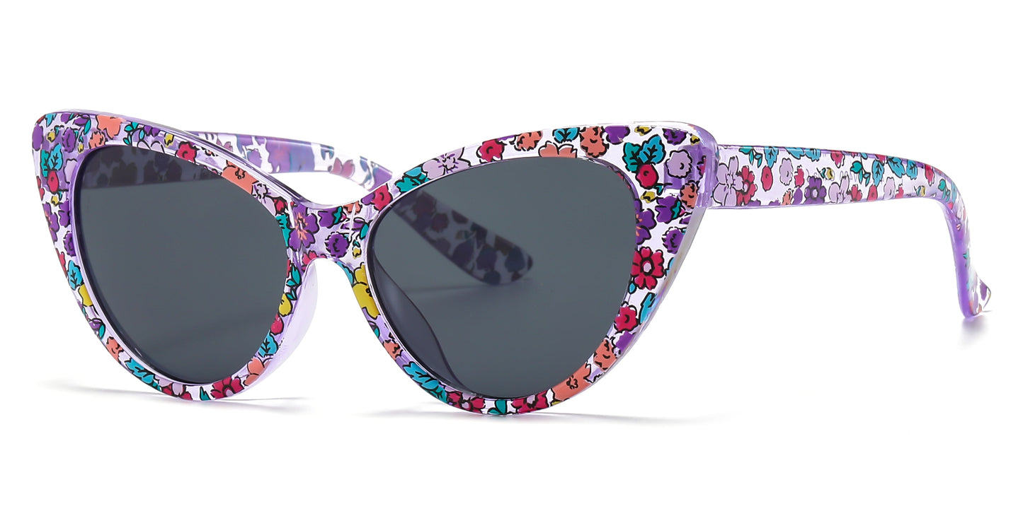 DS-4903 - Lentes estilo Cat Eye para niña con estampado floral y marco plástico colorido
