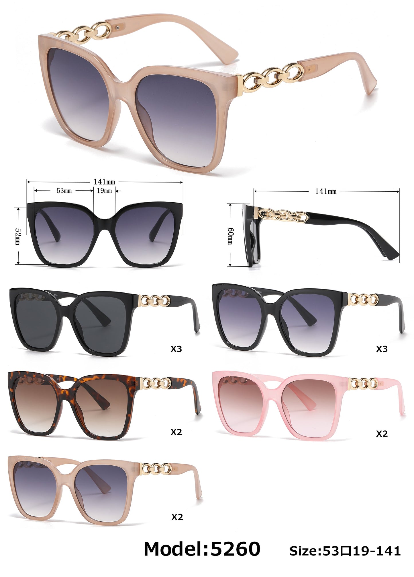 DS-5260 - Lentes estilo mariposa con cadena decorativa para mujer y diseño cuadrado