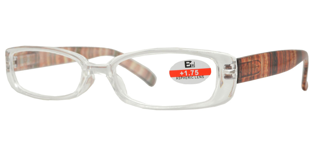 DS-RS 1122 - Lentes de lectura rectangulares con marco plástico transparente y varillas decoradas