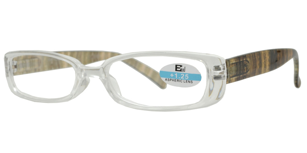 DS-RS 1122 - Lentes de lectura rectangulares con marco plástico transparente y varillas decoradas