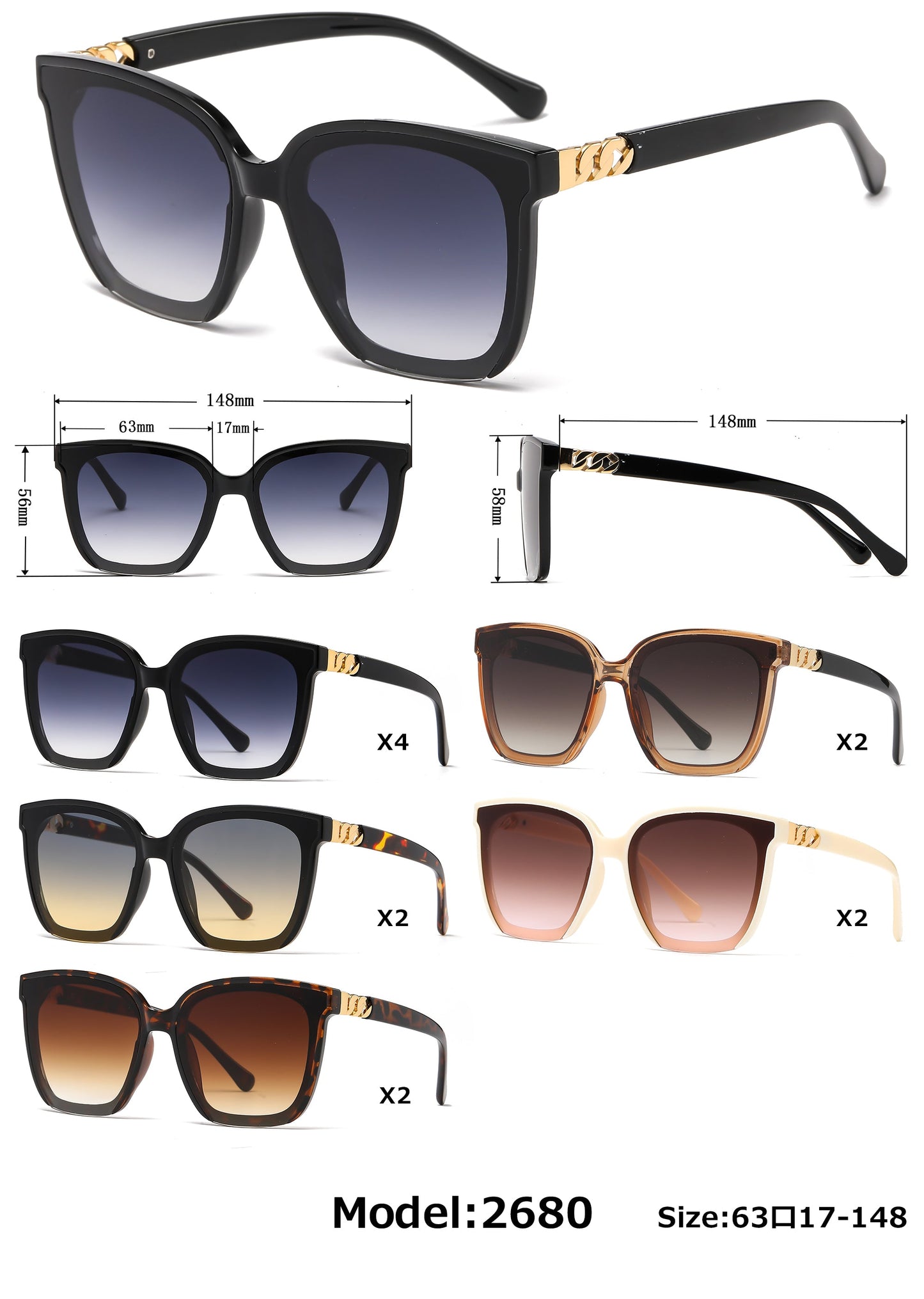 DS-2680 - Lentes de sol cuadrados estilo mariposa con mica plana