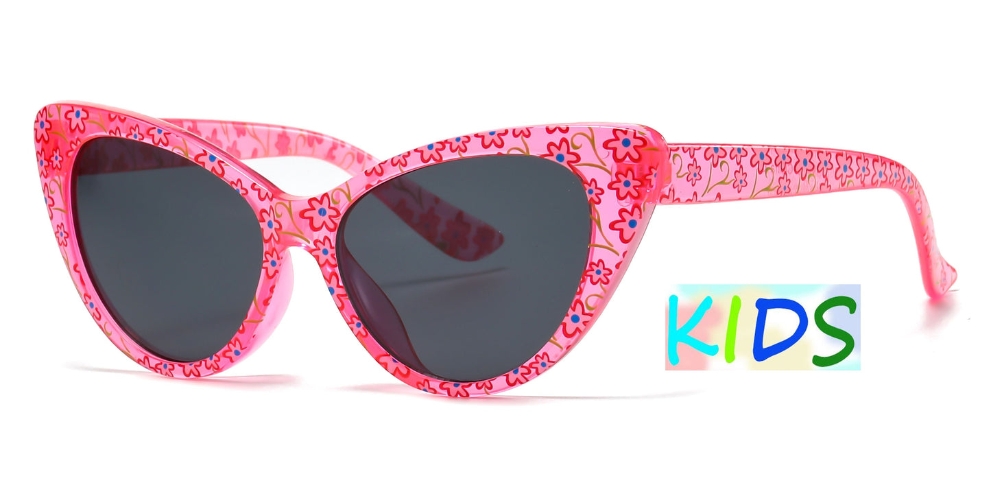 DS-4903 - Lentes estilo Cat Eye para niña con estampado floral y marco plástico colorido