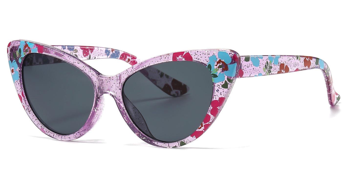 DS-4903 - Lentes estilo Cat Eye para niña con estampado floral y marco plástico colorido