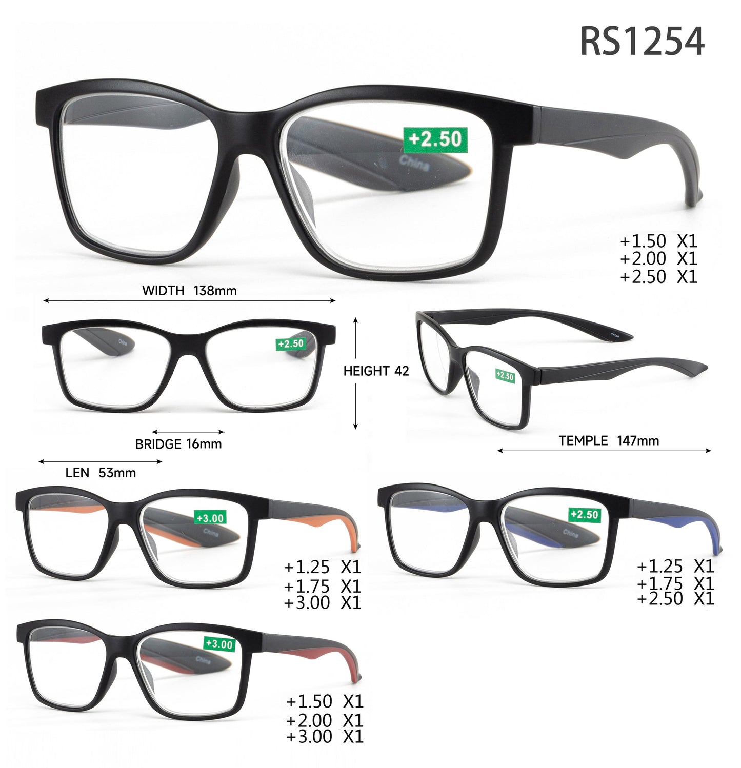 DS-RS 1254 - Lentes de lectura rectangulares de plástico