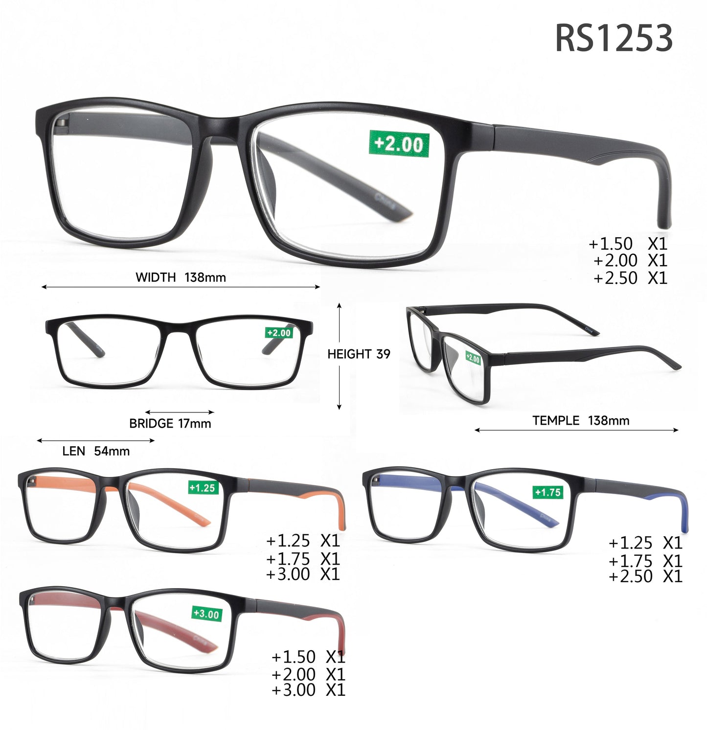 DS-RS 1253 - Lentes de lectura rectangulares de plástico