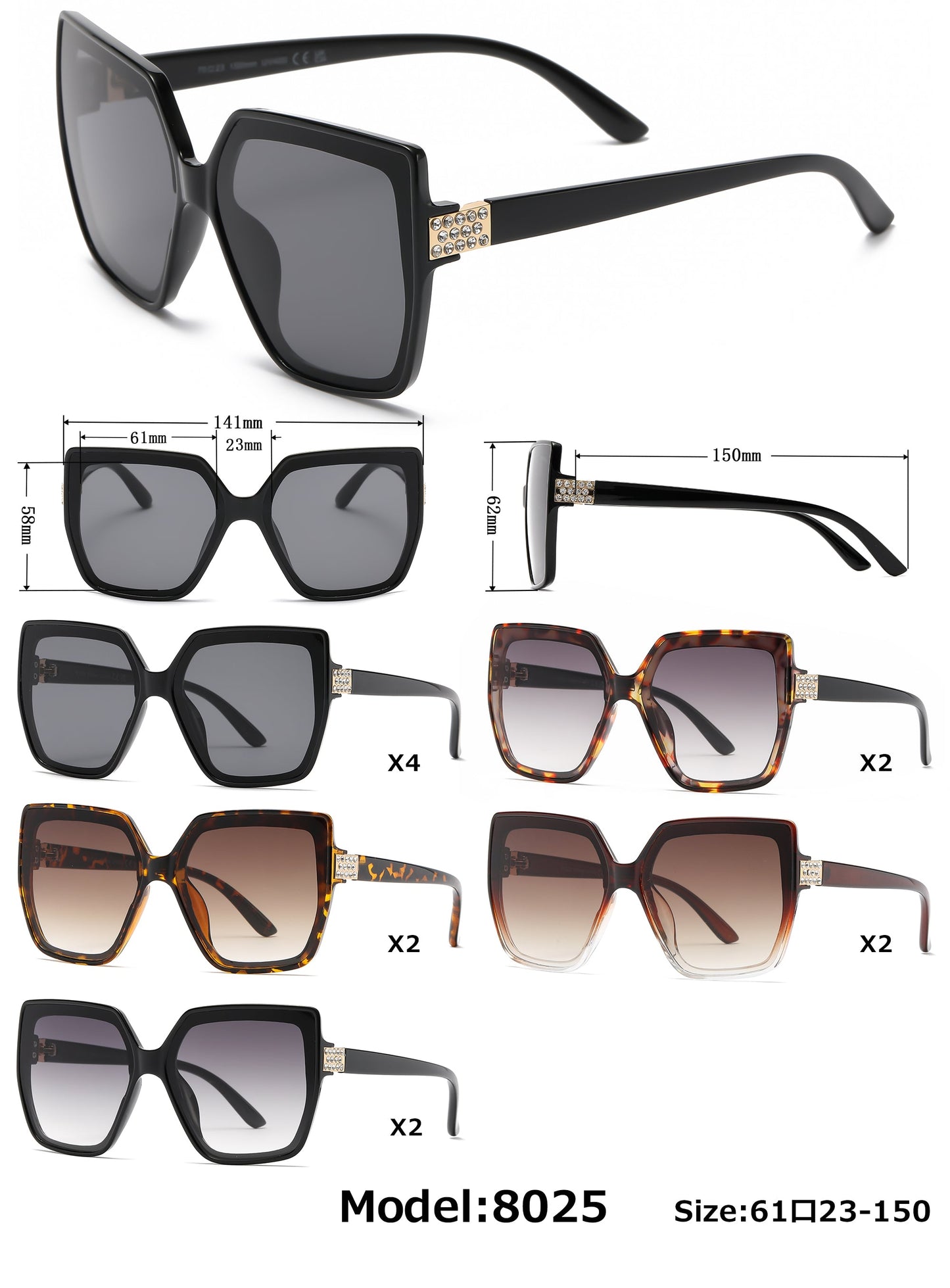 DS-8025 - Lentes estilo mariposa de moda con piedras brillantes y marco plástico
