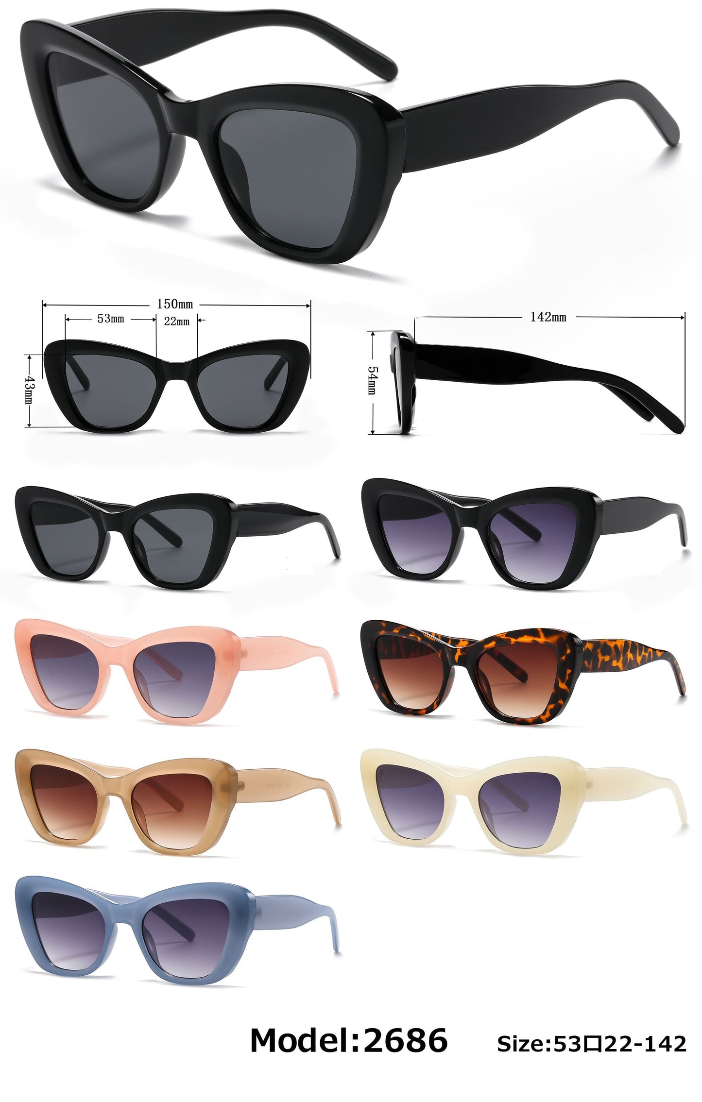 DS-2686 - Lentes de sol estilo Cat Eye para mujer con marco plástico