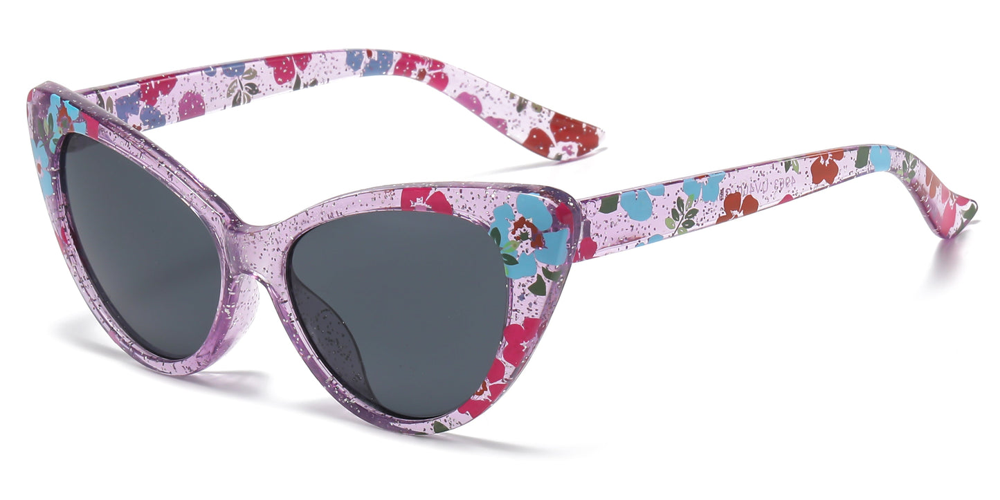 DS-4903 - Lentes estilo Cat Eye para niña con estampado floral y marco plástico colorido