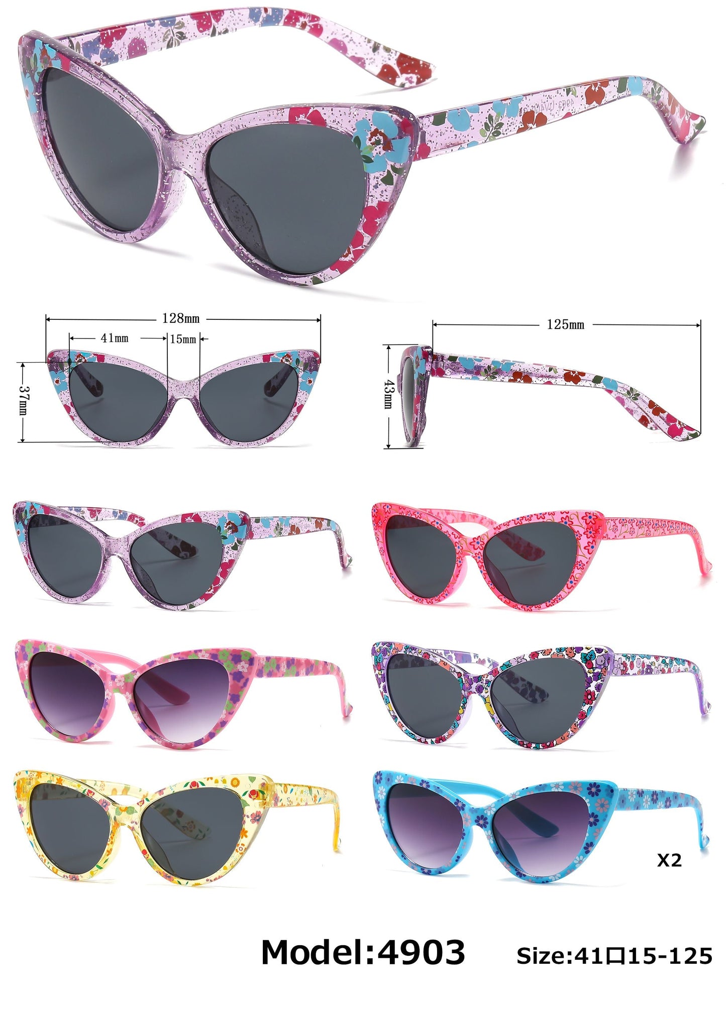 DS-4903 - Lentes estilo Cat Eye para niña con estampado floral y marco plástico colorido