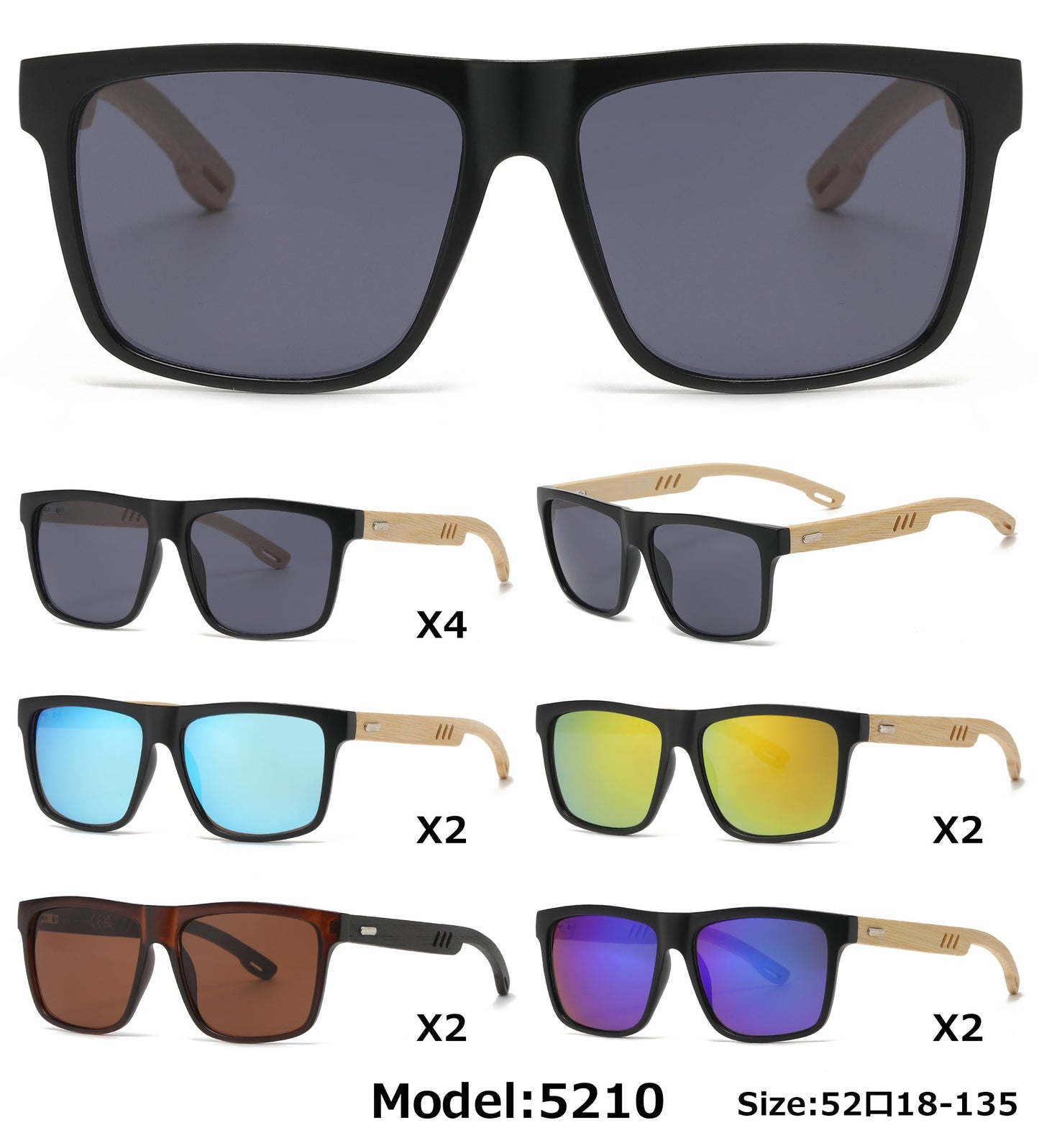 DS-5210 Bamboo - Lentes de sol cuadrados ecológicos con marco de bambú natural