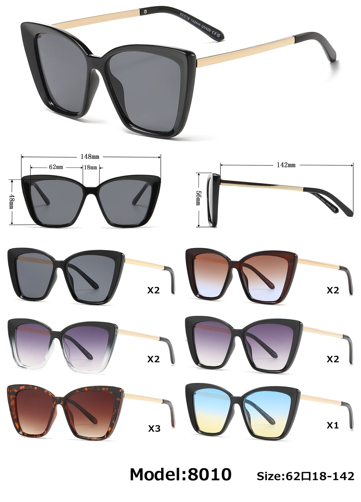 DS-8010 - Lentes Cat Eye cuadrados de plástico con varillas metálicas y diseño audaz