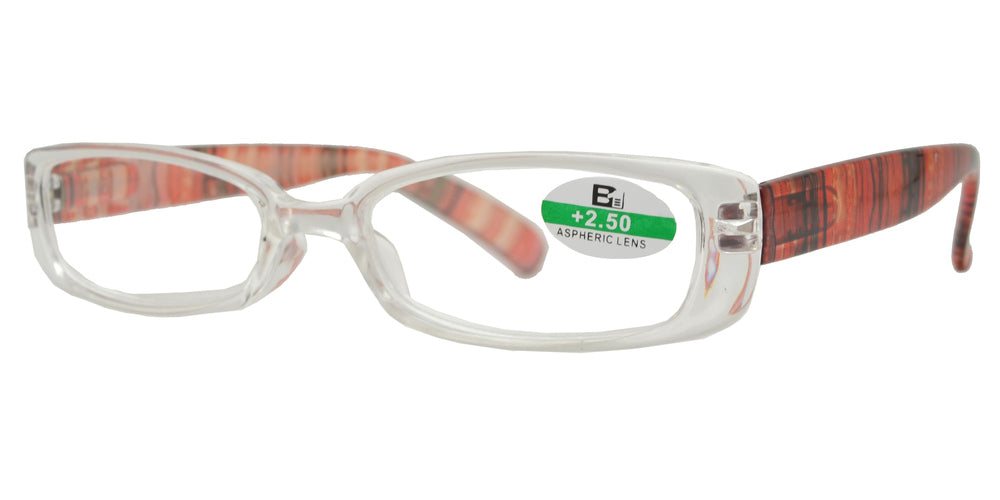 DS-RS 1122 - Lentes de lectura rectangulares con marco plástico transparente y varillas decoradas