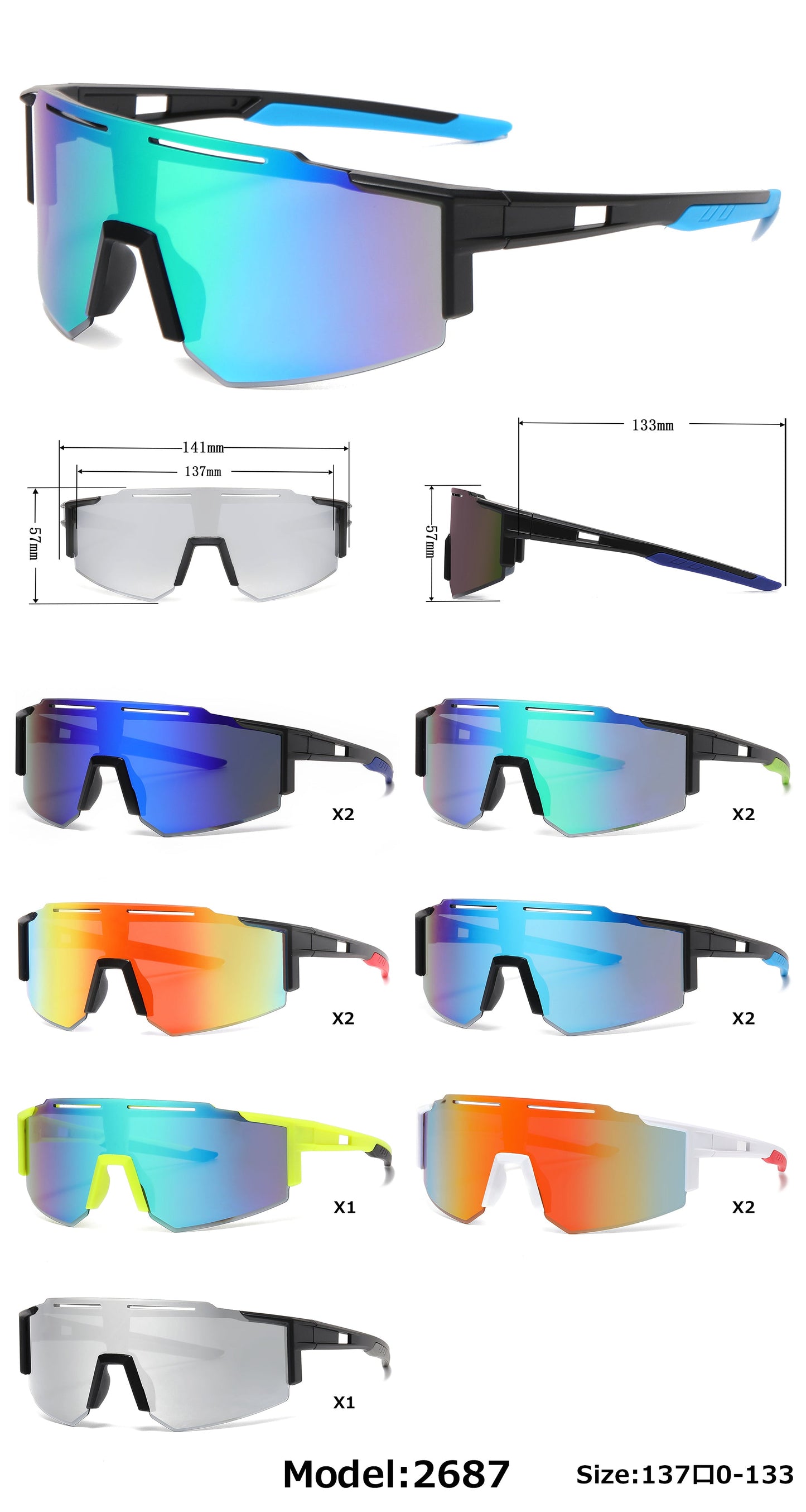 DS-2687 - Lentes deportivos con mica tipo escudo de una sola pieza, espejo de color y diseño de media montura