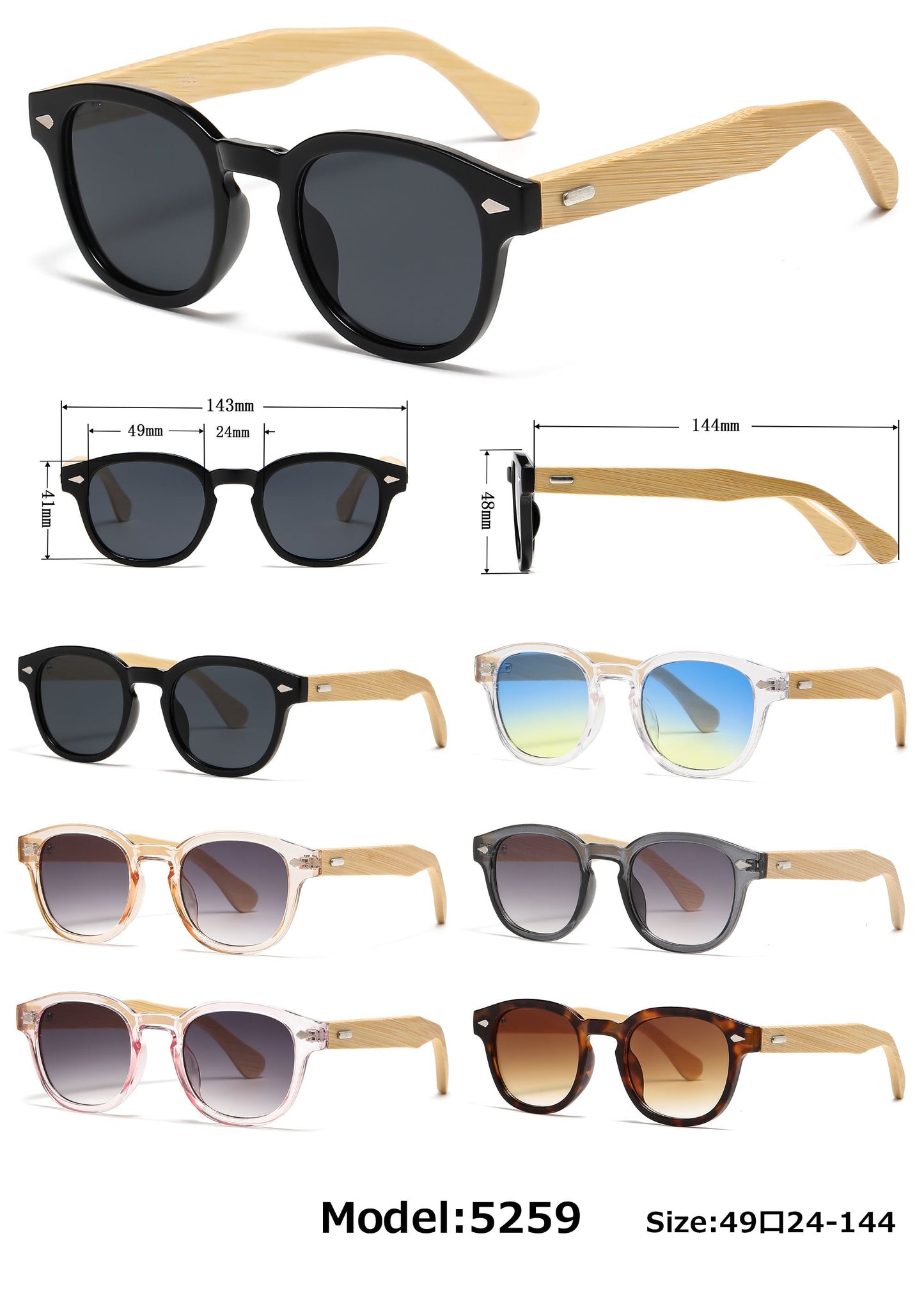 DS-5259 Bamboo - Lentes redondos de plástico con puente tipo keyhole y varillas de bambú