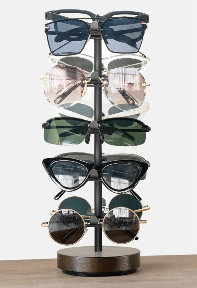 EK-002EX  Exhibidor vertical giratorio para lentes – Doble cara, capacidad para 10 piezas