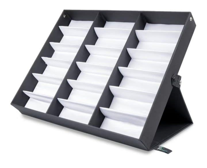 EK-001EX  Exhibidor portátil tipo caja para lentes – 18 piezas