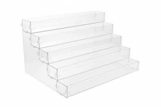 EK-003EX  Exhibidor escalonado de acrílico para lentes – 5 niveles, capacidad para 10 piezas