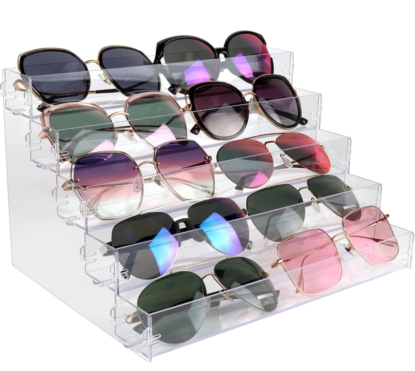 EK-003EX  Exhibidor escalonado de acrílico para lentes – 5 niveles, capacidad para 10 piezas