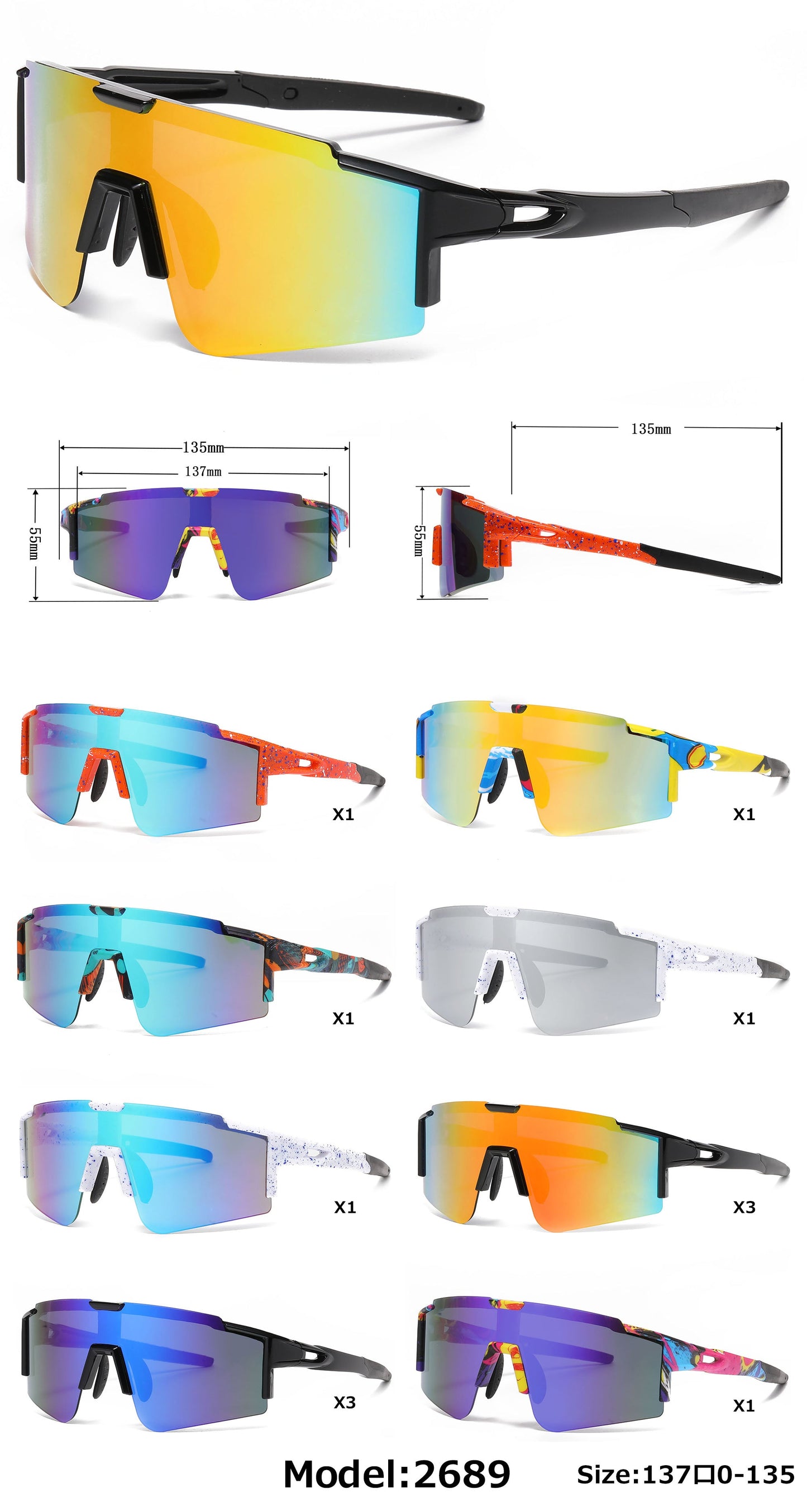 DS-2689 - Lentes de sol deportivos con armazón plástico de media montura y con mica de espejo tipo escudo
