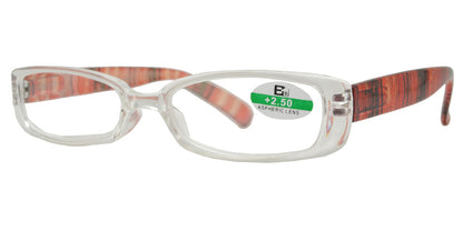 DS-RS 1122 - Lentes de lectura rectangulares con marco plástico transparente y varillas decoradas